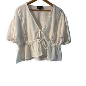 Kittenish Cream Boho Tie Front Peplum Blouse Size L Cottagecore